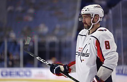 Dec 11, 2021; Buffalo, New York, USA;  Washington Capitals left wing Alex Ovechkin (8) waits for the faceoff during the first period against the Buffalo Sabres at KeyBank Center. Mandatory Credit: Timothy T. Ludwig-USA TODAY Sports