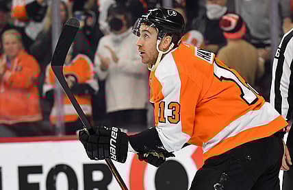 Nov 16, 2021; Philadelphia, Pennsylvania, USA;  Philadelphia Flyers center Kevin Hayes (13) against the Calgary Flames at Wells Fargo Center. Mandatory Credit: Eric Hartline-USA TODAY Sports