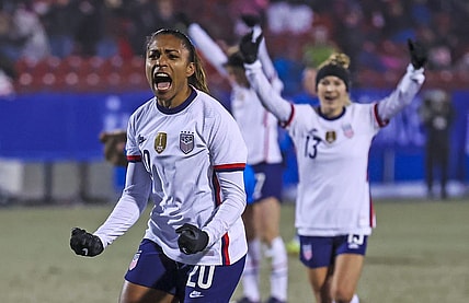 Feb 23, 2022; Frisco, Texas, USA; USA midfilder Catarina Macario (20) celebrates her goal scored against Iceland during the first half of the 2022 She Believes Cup international soccer match at Toyota Stadium. Mandatory Credit: Kevin Jairaj-USA TODAY Sports