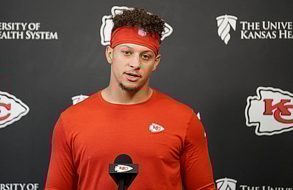 May 26, 2022; Kansas City, MO, USA; Kansas City Chiefs quarterback Patrick Mahomes (15) answers questions from media during organized team activities at The University of Kansas Health System Training Complex. Mandatory Credit: Denny Medley-USA TODAY Sports