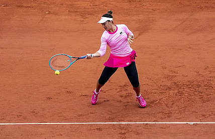 Sep 27, 2020; Paris, France; Danka Kovinic (MNE) in action during her match against Victoria Azarenka (BLR) on day one of the 2020 French Open at Stade Roland Garros. Mandatory Credit: Susan Mullane-USA TODAY Sports