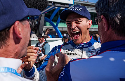 May 21, 2023; Indianapolis, Indiana, USA; Chip Ganassi Racing driver Alex Palou (10) reacts after earning the pole position Sunday, May 21, 2023, after Firestone Fast Six qualifying at Indianapolis Motor Speedway in preparation for the 107th running of the Indianapolis 500. Mandatory Credit: Mykal McEldowney-USA TODAY Sports