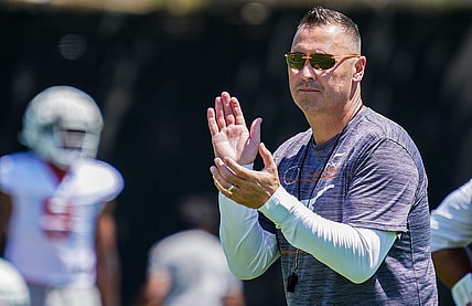 Longhorns Head coach Steve Sarkisian coaches his team during their first pre-season practice at the Denius Fields on Wednesday, Aug. 2, 2023.