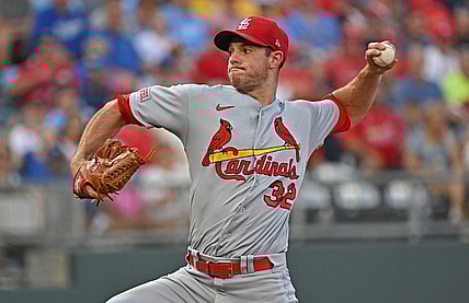 Aug 12, 2023; Kansas City, Missouri, USA;  St. Louis Cardinals starting pitcher Steven Matz (32) delivers a pitch in the first inning against the Kansas City Royals at Kauffman Stadium. Mandatory Credit: Peter Aiken-USA TODAY Sports