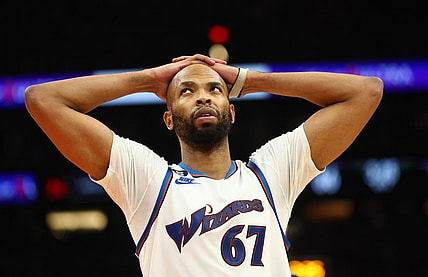 Dec 20, 2022; Phoenix, Arizona, USA; Washington Wizards forward Taj Gibson (67) reacts against the Phoenix Suns in the second half at Footprint Center. Mandatory Credit: Mark J. Rebilas-USA TODAY Sports