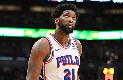 Oct 28, 2023; Toronto, Ontario, CAN;  Philadelphia 76ers center Joel Embiid (21) reacts to a foul call in the first half against the Toronto Raptors at Scotiabank Arena. Mandatory Credit: Dan Hamilton-USA TODAY Sports