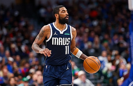 Jan 11, 2024; Dallas, Texas, USA;  Dallas Mavericks guard Kyrie Irving (11) dribbles during the second half against the New York Knicks at American Airlines Center. Mandatory Credit: Kevin Jairaj-USA TODAY Sports