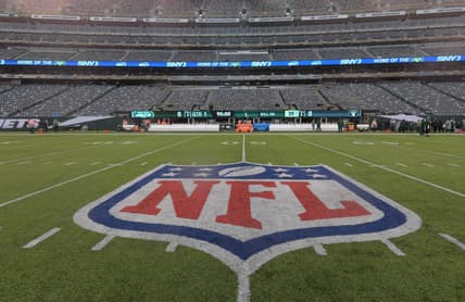 NFL logo at midfield of 2019 season