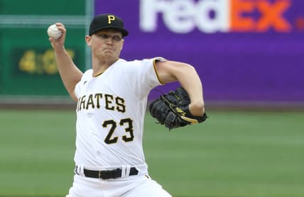 May 29, 2021; Pittsburgh, Pennsylvania, USA;  Pittsburgh Pirates starting pitcher Mitch Keller (23) delivers a pitch against the Colorado Rockies during the first inning at PNC Park. Mandatory Credit: Charles LeClaire-USA TODAY Sports