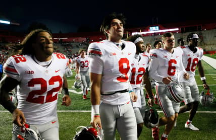 Ohio State Buckeyes quarterback Jack Miller III (9) runs off the field following the Buckeyes' 52-13 victory against the Rutgers Scarlet Knights in a NCAA Division I football game on Saturday, Oct. 2, 2021 at SHI Stadium in Piscataway, New Jersey.

Cfb Ohio State Buckeyes At Rutgers Scarlet Knights