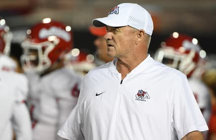 Sep 15, 2018; Pasadena, CA, USA; Fresno State Bulldogs head coach Jeff Tedford watches his team run pregame drills during warmups before a game against the UCLA Bruins at the Rose Bowl. Mandatory Credit: Robert Hanashiro-USA TODAY Sports