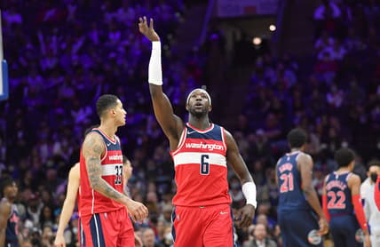 Feb 2, 2022; Philadelphia, Pennsylvania, USA; Washington Wizards center Montrezl Harrell (6) blows a kiss to the crowd after making a basket against the Philadelphia 76ers late in the fourth quarter at Wells Fargo Center. Mandatory Credit: Eric Hartline-USA TODAY Sports