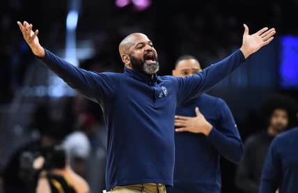 Apr 3, 2022; Cleveland, Ohio, USA; Cleveland Cavaliers head coach J.B. Bickerstaff argues a call during the first half against the Philadelphia 76ers at Rocket Mortgage FieldHouse. Mandatory Credit: Ken Blaze-USA TODAY Sports