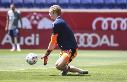 May 1, 2021; Harrison, New Jersey, USA; Chicago Fire goalkeeper Chris Brady (34) during warmups prior to the match against the New York Red Bulls at Red Bull Arena. Mandatory Credit: Wendell Cruz-USA TODAY Sports