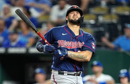 Sep 20, 2022; Kansas City, Missouri, USA; Minnesota Twins catcher Gary Sanchez (24) reacts after being hit by a pitch during the eighth inning against the Kansas City Royals at Kauffman Stadium. Mandatory Credit: Jay Biggerstaff-USA TODAY Sports