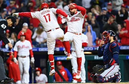 Sep 23, 2022; Philadelphia, Pennsylvania, USA; Philadelphia Phillies first baseman Rhys Hoskins (17) celebrates with outfielder Kyle Schwarber (12) after hitting a two-run home run against the Atlanta Braves in the fourth innin at Citizens Bank Park. Mandatory Credit: Kyle Ross-USA TODAY Sports