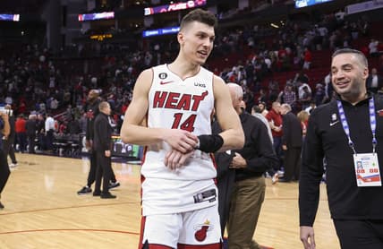 Dec 15, 2022; Houston, Texas, USA; Miami Heat guard Tyler Herro (14) walks off the court after the game against the Houston Rockets at Toyota Center. Mandatory Credit: Troy Taormina-USA TODAY Sports