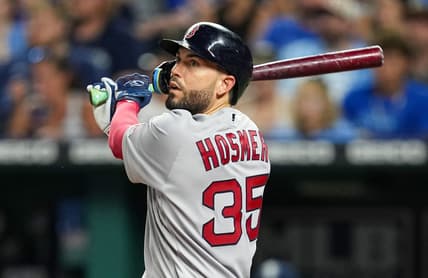 Aug 5, 2022; Kansas City, Missouri, USA; Boston Red Sox first baseman Eric Hosmer (35) bats against the Kansas City Royals during the sixth inning at Kauffman Stadium. Mandatory Credit: Jay Biggerstaff-USA TODAY Sports