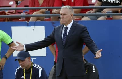 Oct 9, 2022; Frisco, Texas, USA;  Sporting Kansas City head coach Peter Vermes reacts during the second half against FC Dallas at Toyota Stadium. Mandatory Credit: Kevin Jairaj-USA TODAY Sports