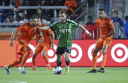 Mar 18, 2023; Houston, Texas, USA; Austin FC forward Jon Gallagher (17) controls the ball during the first half against the Houston Dynamo FC at Shell Energy Stadium. Mandatory Credit: Troy Taormina-USA TODAY Sports