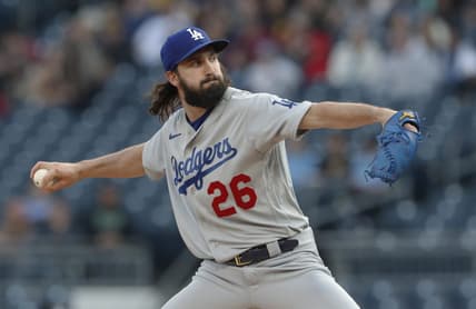 Apr 26, 2023; Pittsburgh, Pennsylvania, USA;  Los Angeles Dodgers starting pitcher Tony Gonsolin (26) delivers a pitch against the Pittsburgh Pirates during the first inning at PNC Park. Mandatory Credit: Charles LeClaire-USA TODAY Sports