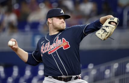 May 2, 2023; Miami, Florida, USA; Atlanta Braves starting pitcher Bryce Elder (55) pitches against the Miami Marlins during the first inning at loanDepot Park. Mandatory Credit: Rhona Wise-USA TODAY Sports