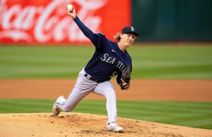 May 2, 2023; Oakland, California, USA;  Seattle Mariners starting pitcher Bryce Miller (50) delivers a pitch against the Oakland Athletics during the first inning at RingCentral Coliseum. Mandatory Credit: Neville E. Guard-USA TODAY Sports