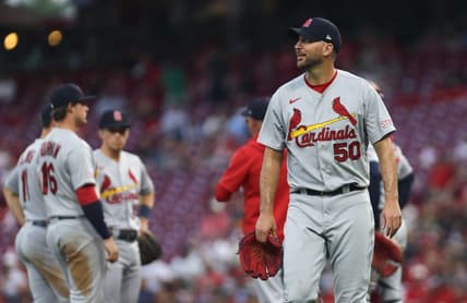 May 23, 2023; Cincinnati, Ohio, USA; St. Louis Cardinals starting pitcher Adam Wainwright (50) walks from the mound leaving the game against the Cincinnati Reds during the sixth inning at Great American Ball Park. Mandatory Credit: David Kohl-USA TODAY Sports