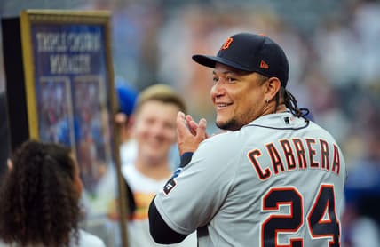 Jul 19, 2023; Kansas City, Missouri, USA; Detroit Tigers designated hitter Miguel Cabrera (24) is honored prior to a game against the Kansas City Royals at Kauffman Stadium. Mandatory Credit: Jay Biggerstaff-USA TODAY Sports