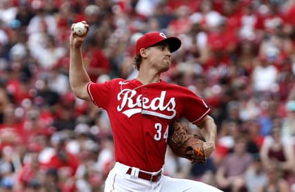 Jul 23, 2023; Cincinnati, Ohio, USA; Cincinnati Reds starting pitcher Luke Weaver (34) throws against the Arizona Diamondbacks during the first inning at Great American Ball Park. Mandatory Credit: David Kohl-USA TODAY Sports