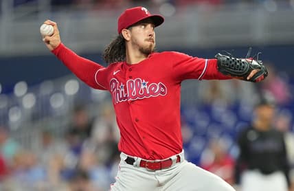 Aug 3, 2023; Miami, Florida, USA;  Philadelphia Phillies pitcher Michael Lorenzen (22) pitches against the Miami Marlins at loanDepot Park. Mandatory Credit: Jim Rassol-USA TODAY Sports