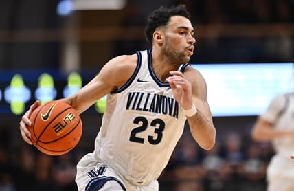Nov 6, 2023; Villanova, Pennsylvania, USA; Villanova Wildcats forward Tyler Burton (23) drives against the American University Eagles in the first half at William B. Finneran Pavilion. Mandatory Credit: Kyle Ross-USA TODAY Sports