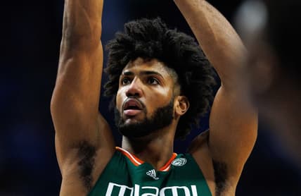 Nov 28, 2023; Lexington, Kentucky, USA; Miami (Fl) Hurricanes forward Norchad Omier (15) shoots a free throw during the first half against the Kentucky Wildcats at Rupp Arena at Central Bank Center. Mandatory Credit: Jordan Prather-USA TODAY Sports