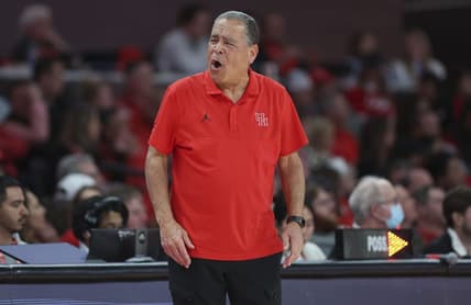 Jan 17, 2024; Houston, Texas, USA; Houston Cougars head coach Kelvin Sampson reacts during the second half against the Texas Tech Red Raiders at Fertitta Center. Mandatory Credit: Troy Taormina-USA TODAY Sports