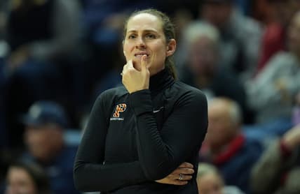 Dec 8, 2022; Storrs, Connecticut, USA; Princeton Tigers head coach Carla Berube watches from the sideline as they take on the UConn Huskies at Harry A. Gampel Pavilion. Mandatory Credit: David Butler II-USA TODAY Sports