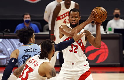 May 8, 2021; Tampa, Florida, USA;  Toronto Raptors guard Rodney Hood (32) looks to pass the ball against the Memphis Grizzlies during the first half at Amalie Arena. Mandatory Credit: Kim Klement-USA TODAY Sports