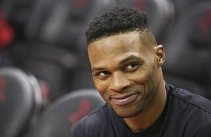Dec 7, 2019; Houston, TX, USA; Houston Rockets guard Russell Westbrook (0) smiles during warmups before playing against the Phoenix Suns at Toyota Center. Mandatory Credit: Thomas B. Shea-USA TODAY Sports