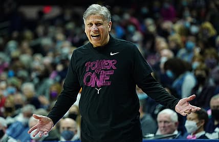Feb 11, 2022; Storrs, Connecticut, USA; DePaul Blue Demons head coach Doug Bruno reacts from the sideline against the UConn Huskies in the second half at Harry A. Gampel Pavilion. Mandatory Credit: David Butler II-USA TODAY Sports