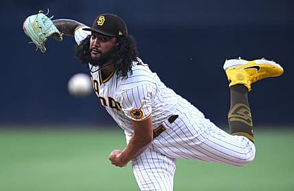 Jun 21, 2022; San Diego, California, USA; San Diego Padres starting pitcher Sean Manaea (55) throws a pitch against the Arizona Diamondbacks during the first inning at Petco Park. Mandatory Credit: Orlando Ramirez-USA TODAY Sports