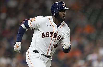Jul 5, 2022; Houston, Texas, USA; Houston Astros left fielder Yordan Alvarez (44) hits a single against the Kansas City Royals in the fifth inning at Minute Maid Park. Mandatory Credit: Thomas Shea-USA TODAY Sports