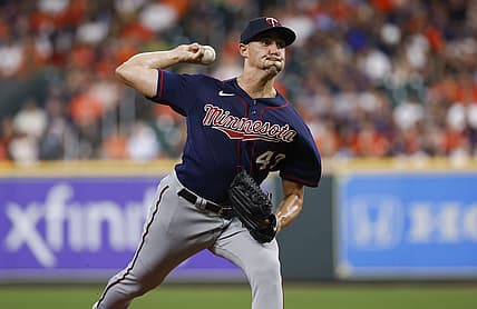 Aug 23, 2022; Houston, Texas, USA; Minnesota Twins starting pitcher Aaron Sanchez (43) delivers a pitch during the second inning against the Houston Astros at Minute Maid Park. Mandatory Credit: Troy Taormina-USA TODAY Sports