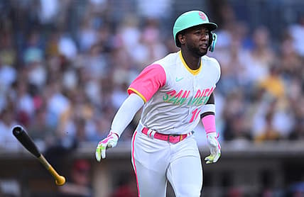 Sep 7, 2022; San Diego, California, USA; San Diego Padres left fielder Jurickson Profar (10) watches his two-run home run against the Arizona Diamondbacks during the second inning at Petco Park. Mandatory Credit: Orlando Ramirez-USA TODAY Sports