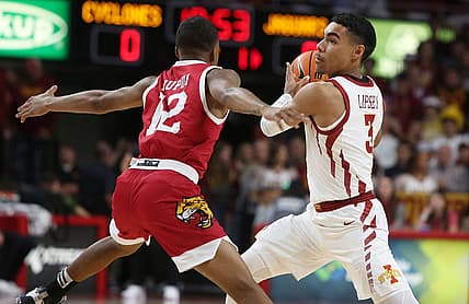 Iowa State University Cyclones guard Tamin Lipsey (3) drives with the ball around IUPUI Jaguars guard Armon Jarrard (12) during the first half in the season opening home game at Hilton Coliseum Monday, Nov. 7, 2022, in Ames, Iowa.  Photo by Nirmalendu Majumdar/Ames Tribune

Ncaa Men S Basketball