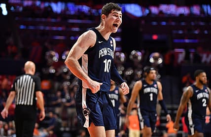 Dec 10, 2022; Champaign, Illinois, USA;  Penn State Nittany Lions guard Andrew Funk (10) reacts following the victory against the Illinois Fighting Illini at State Farm Center. Mandatory Credit: Ron Johnson-USA TODAY Sports