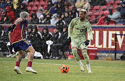 Mar 2, 2024; Sandy, Utah, USA; LAFC forward Denis Bouanga (99) controls the ball against Real Salt Lake at America First Field. Mandatory Credit: Christopher Creveling-USA TODAY Sports