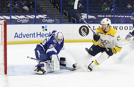 Mar 15, 2021; Tampa, Florida, USA;  Nashville Predators right wing Mathieu Olivier (25) shoots on Tampa Bay Lightning goaltender Curtis McElhinney (35) as he makes a save during the second period at Amalie Arena. Mandatory Credit: Kim Klement-USA TODAY Sports