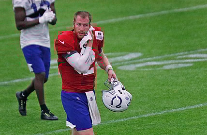 Quarterback Carson Wentz (#2) cools down between drills during the last day of Colts camp practice Wednesday, Aug. 25, 2021 at Grand Park Sports Campus in Westfield.

Last Day Of Colts Camp Practice Wednesday Aug 25 2021