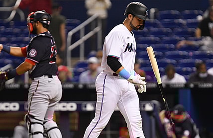 Sep 20, 2021; Miami, Florida, USA;  Miami Marlins catcher Payton Henry (86) reacts after striking out during the second inning against the Washington Nationals at loanDepot Park. Mandatory Credit: Jim Rassol-USA TODAY Sports