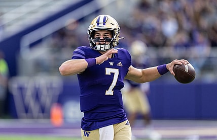 Sep 25, 2021; Seattle, Washington, USA; Washington Huskies quarterback Sam Huard (7) passes the ball before a game against the California Golden Bears at Alaska Airlines Field at Husky Stadium. The Huskies won 31-24 in overtime. Mandatory Credit: Stephen Brashear-USA TODAY Sports