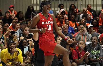 Jul 9, 2022; Chicago, Ill, USA; Rhyne Howard gestures after the first round of the 3-point  contest during the 2022 WNBA All-Star Game skills competition at Wintrust Arena. Mandatory Credit: David Banks-USA TODAY Sports